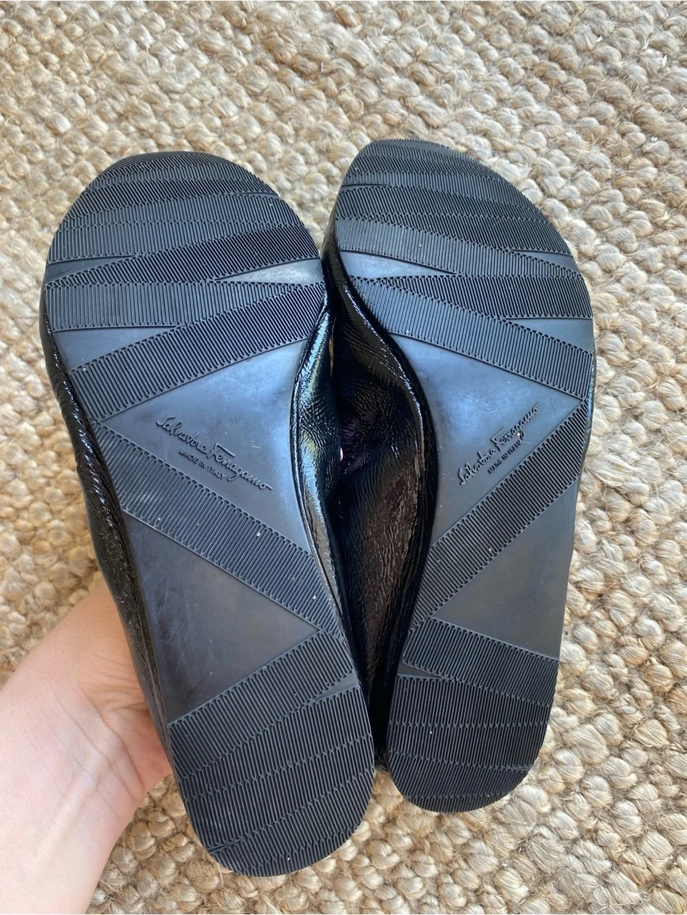 Salvatore Ferragamo Black Patent Leather Bow Ballet Flats